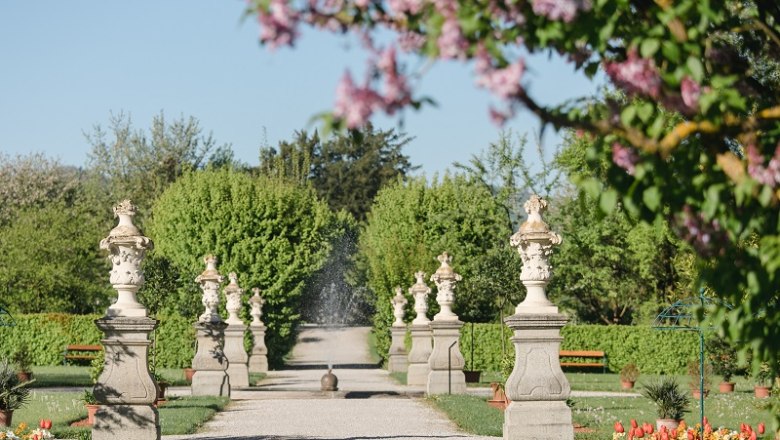 Historischer Hofgarten, © Doris Schwarz König Ein gepflegter Gartenweg mit Statuen und blühenden Bäumen im Frühling.