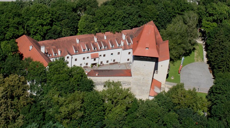 Luftaufnahme von Schloss Ulmerfeld, umgeben von B&auml;umen.