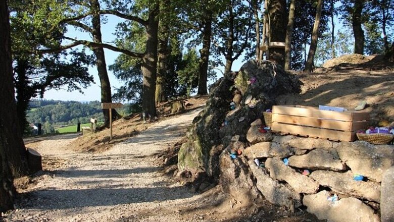 Waldweg mit bemalten Steinen und Holzkiste, umgeben von Bäumen., © Marktgemeinde Neustadtl/Donau