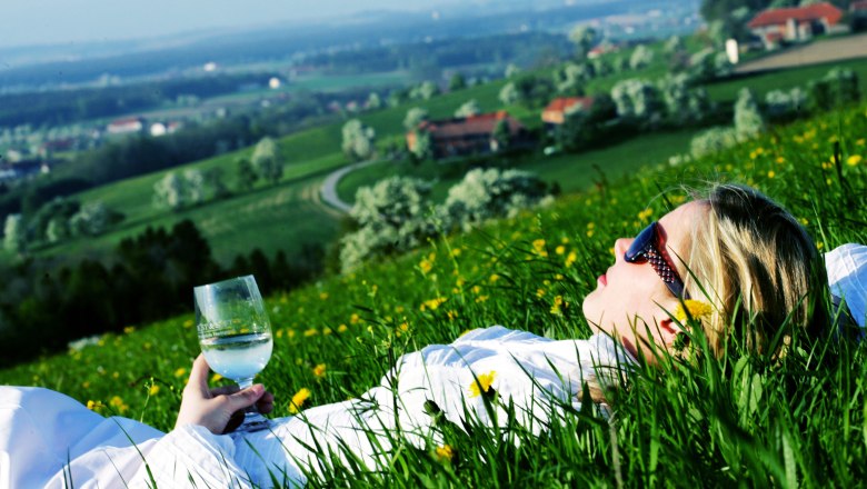 Person liegt in einer Wiese mit einem Glas in der Hand, im Hintergrund eine hügelige Landschaft.