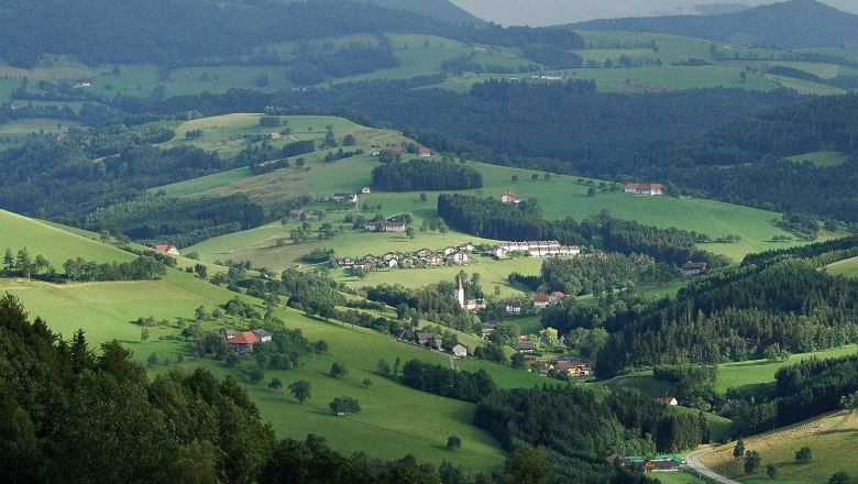 Panoramablick auf eine grüne, hügelige Landschaft mit verstreuten Häusern und Wäldern.