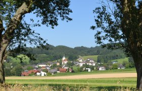 Landschaft mit Dorf und Kirche im Hintergrund, umrahmt von Bäumen.